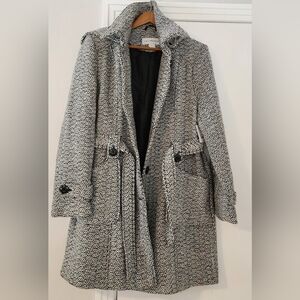 Women's Liz Claiborne Black & White Belted Hooded Coat Wool Blend Size XL